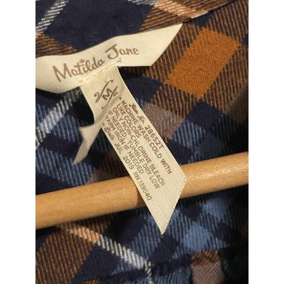 Matilda Jane Womens General Store Tunic Medium Blue Orange Plaid Rayon Button Up - Picture 4 of 7